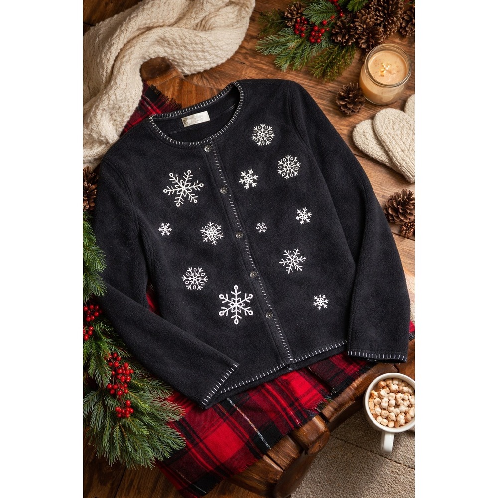 Fashion Bug Black Fleece Snowflake Cardigan Jacket Women's M Winter Cozy